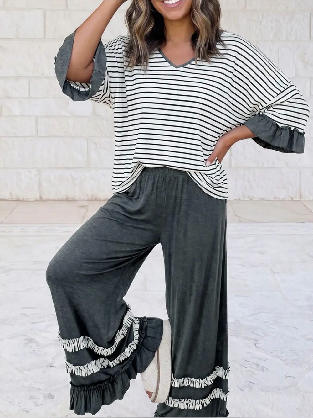Striped Top with Charcoal Ruffle Wide-Leg Pants Set - Charcoal/White